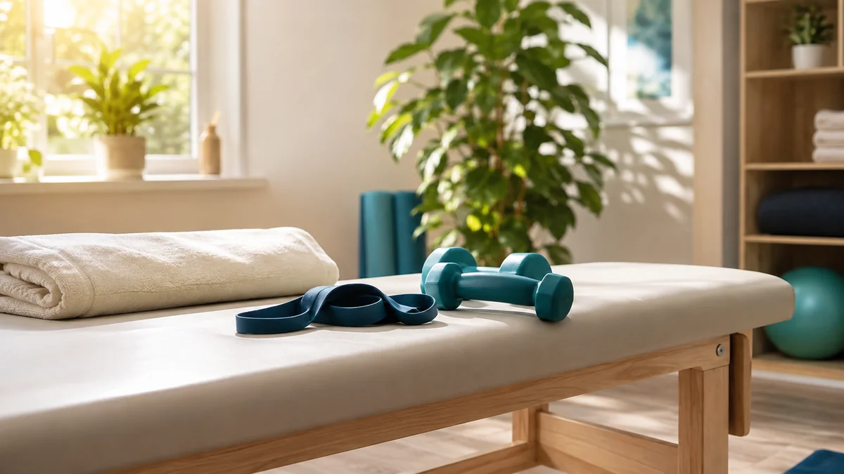 A calm, sunlit physical therapy studio in Houston, MS with a treatment table, teal resistance loop, and small dumbbells