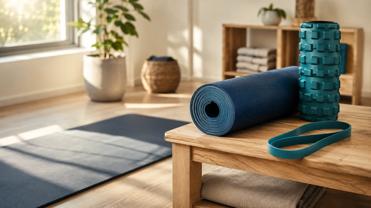 A rolled exercise mat, foam roller, and teal resistance band in a calm, sunlit physical therapy studio in Houston, MS
