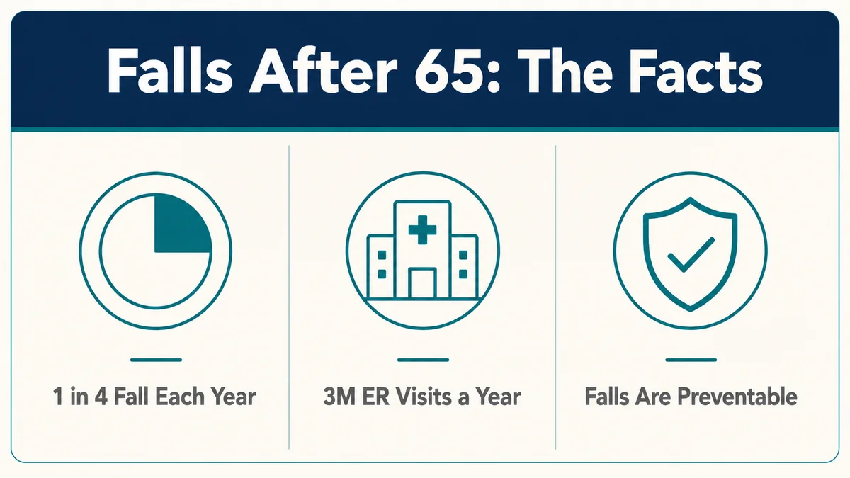 Facts about falls after age 65: about one in four older adults fall each year, around three million emergency visits a year, and falls are largely preventable