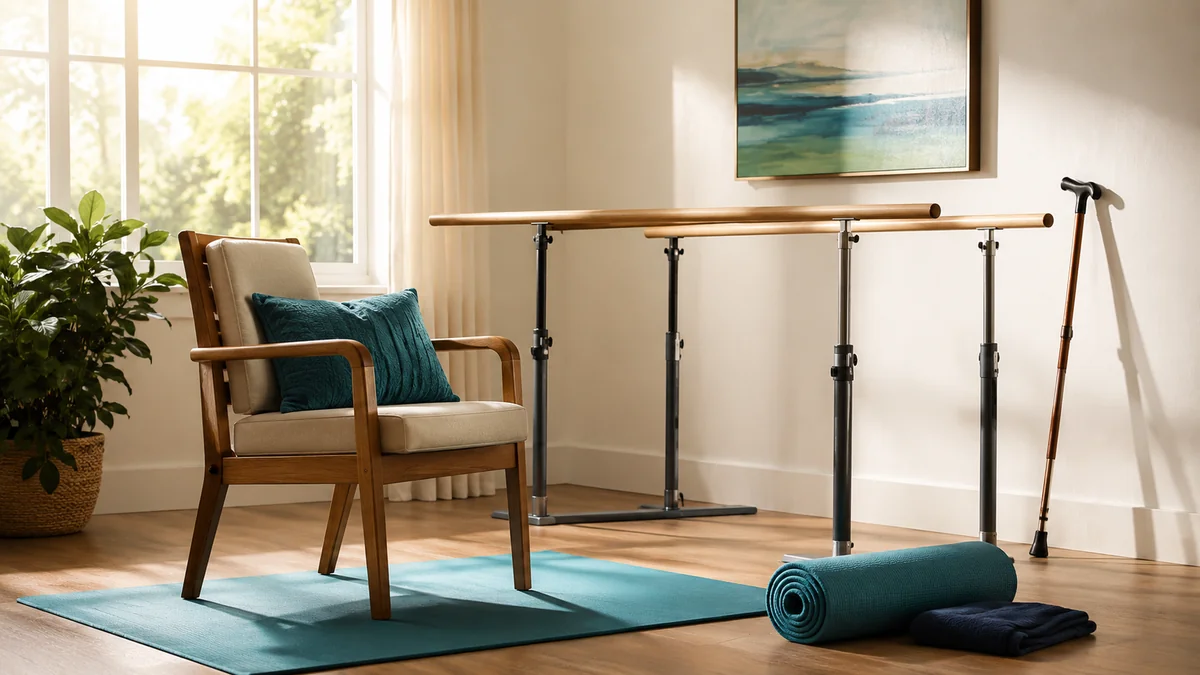 A safe, sunlit therapy space in Houston, MS with a sturdy chair, balance rails, exercise mat, and a walking cane