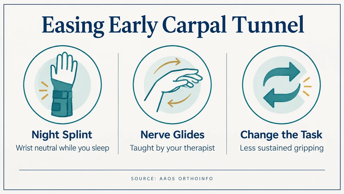 Infographic: easing early carpal tunnel with a night splint, nerve glides, and changing the task