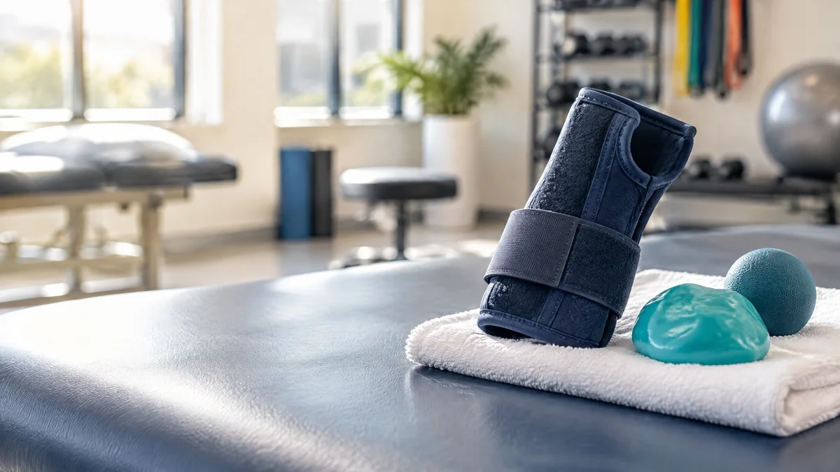 A navy wrist splint, teal therapy putty, and a foam grip ball laid out for carpal tunnel physical therapy in Houston, MS