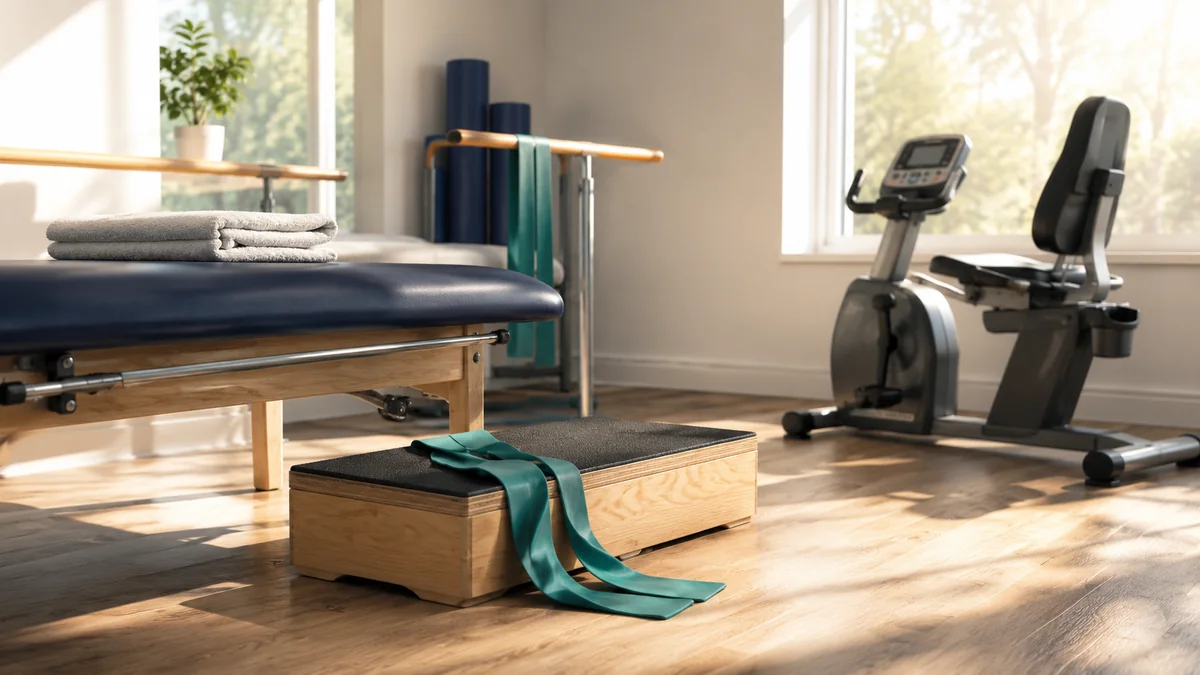 A calm, sunlit knee rehabilitation space in Houston, MS with a low exercise step, resistance band, and pedal exerciser