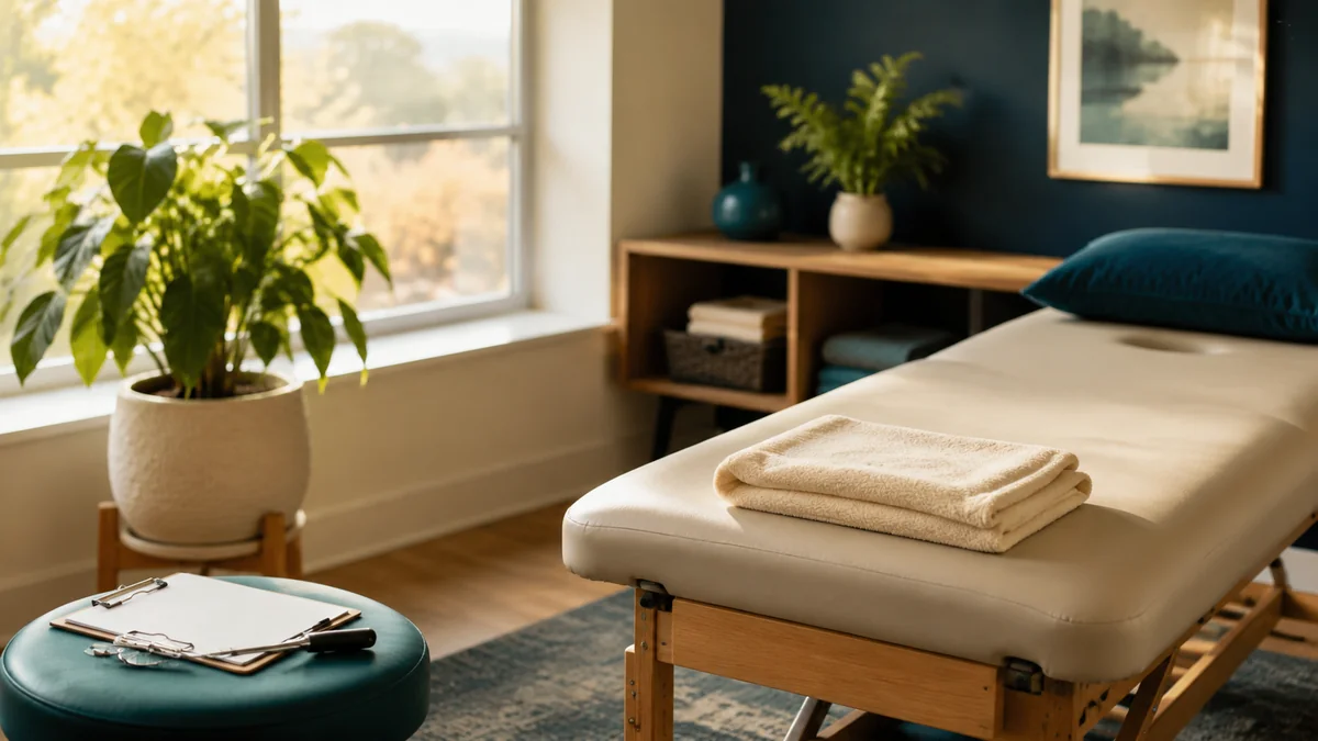 A welcoming physical therapy evaluation room with a treatment table, clipboard, and plant in Houston, MS