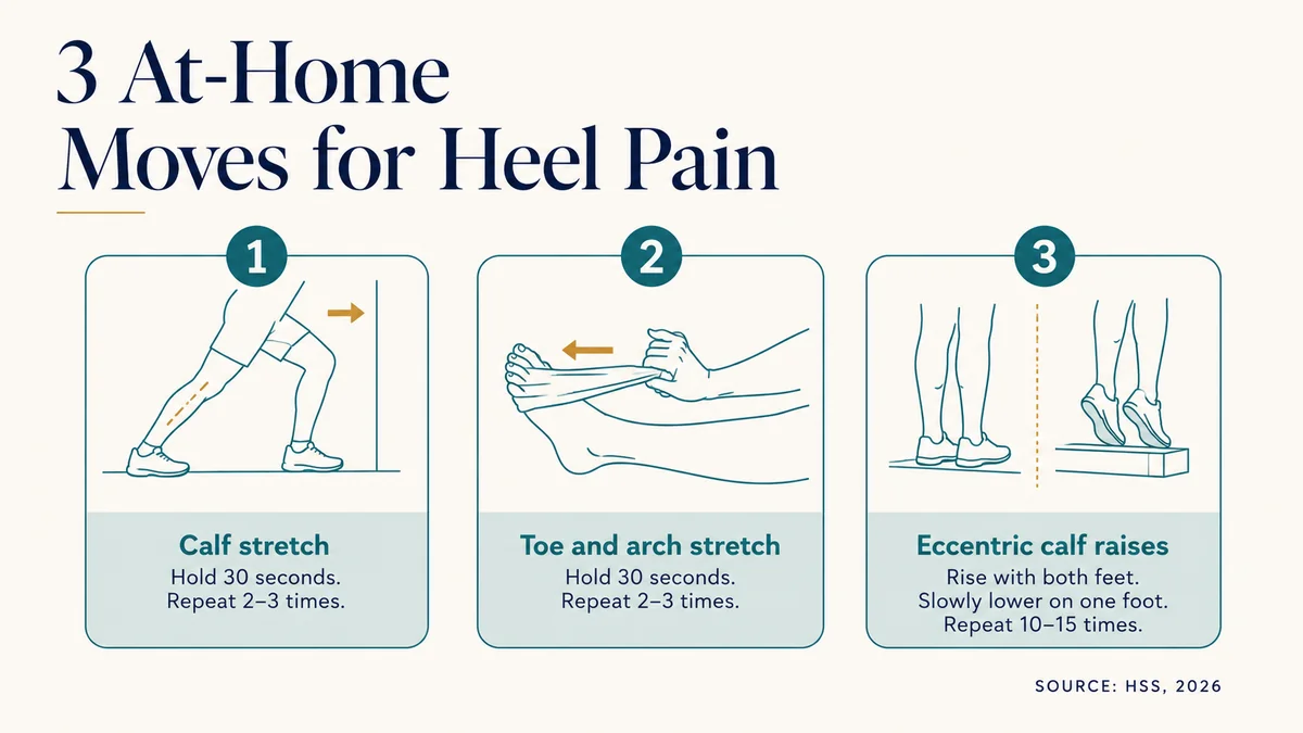 Three at-home plantar fasciitis exercises: calf stretch, toe and arch stretch, and eccentric calf raises