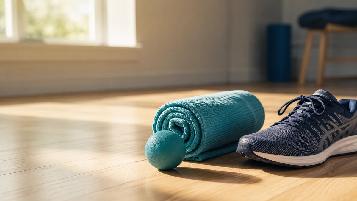 A massage ball, rolled towel, and running shoe on a sunlit physical therapy studio floor in Houston, MS