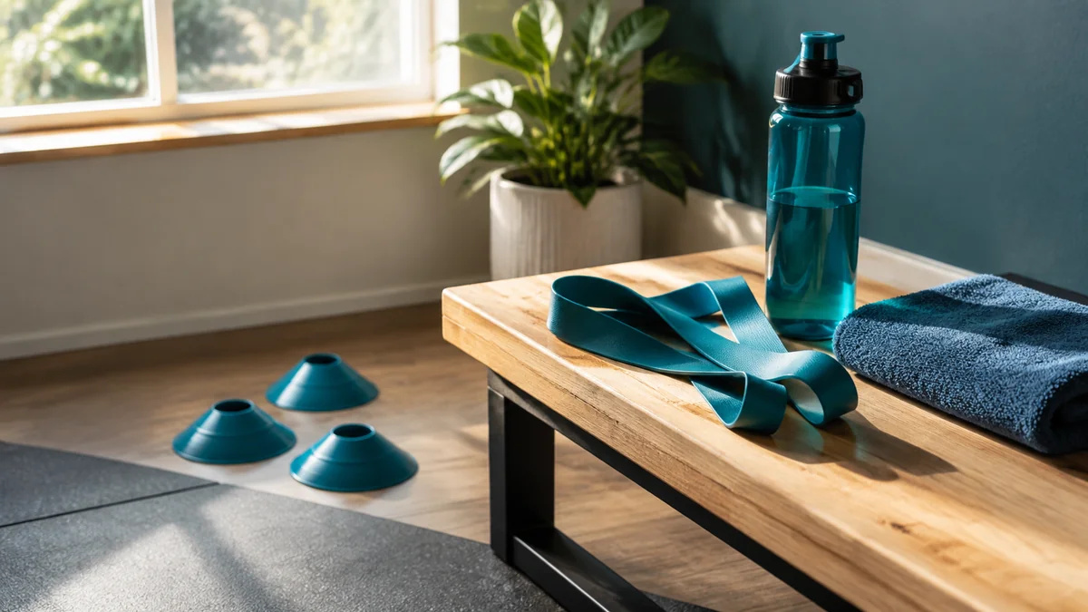 Agility cones, a teal resistance band, a water bottle, and a towel in a bright athletic rehab studio in Chickasaw County, MS