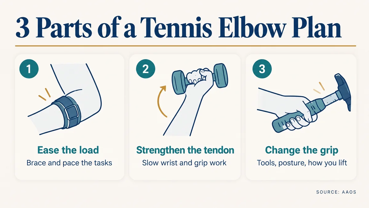 Infographic: three parts of a tennis elbow physical therapy plan, ease the load, strengthen the tendon, and change the grip