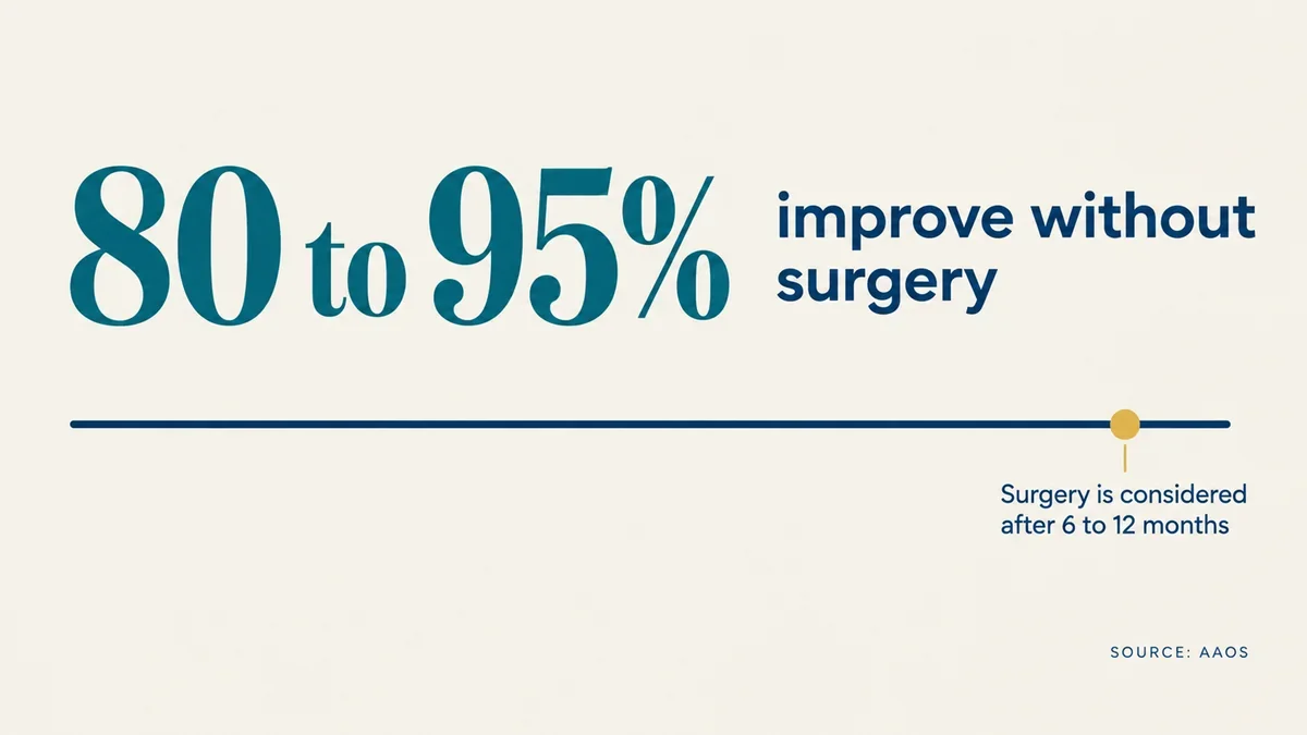 Infographic: 80 to 95% of tennis elbow patients improve without surgery, and surgery is considered after 6 to 12 months, source AAOS