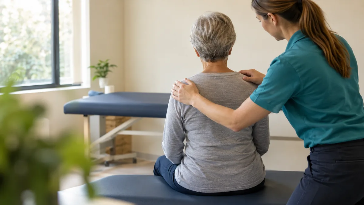 A physical therapist steadying a seated patient by the shoulders during a balance assessment